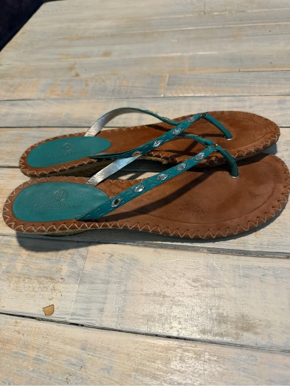 Vintage Cole Haan Dava Thong Sandals Teal Leather Espadrille Flip Flops 8B Boho